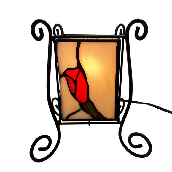 Stained Glass Dragonfly & Rose Panel Table Lamp With Black Metal Base - Picture 2 of 8